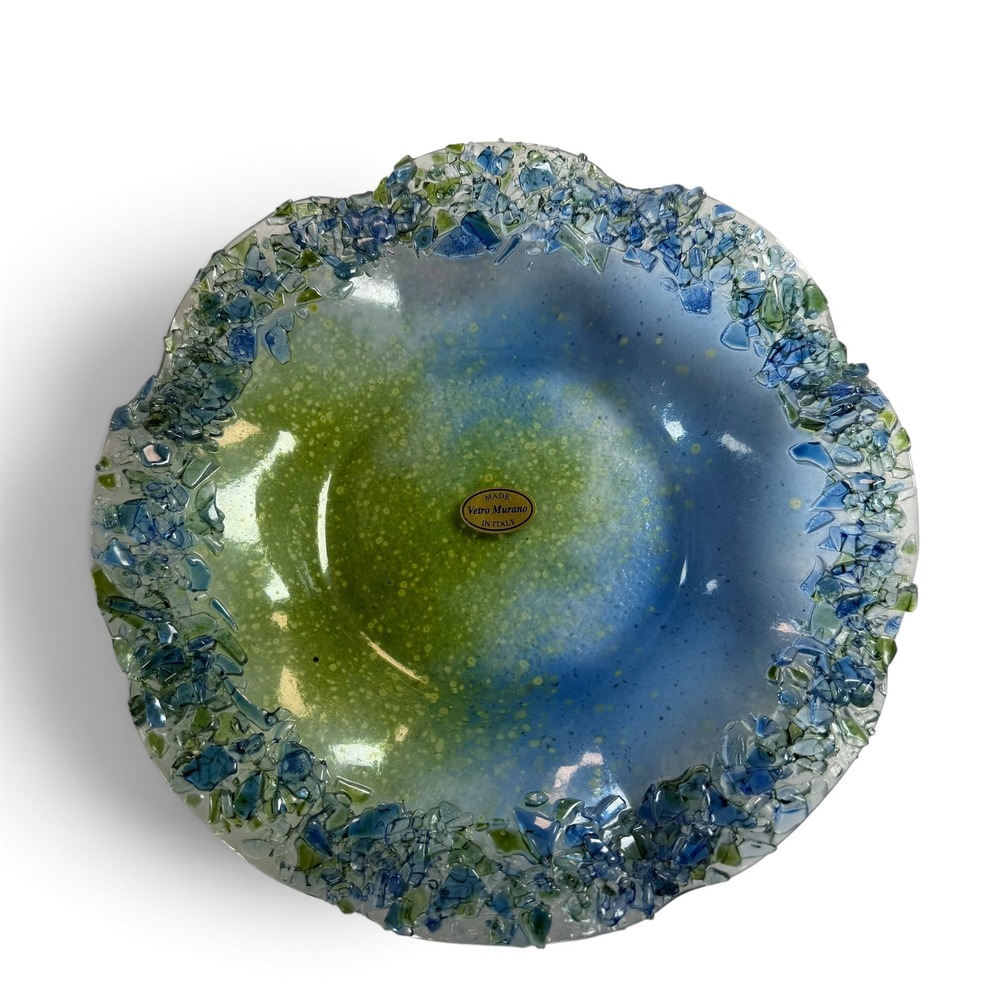 Vetro Murano Italy Blue Green Fused Glass Bowl Textured Shard Rim 8.5 Inch